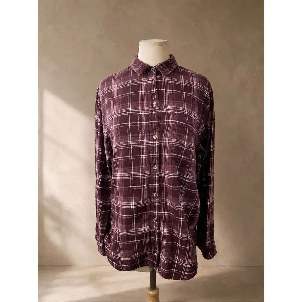 Sonoma Sz M Plaid Flannel Button Front Shirt Maroon Burgundy Cotton